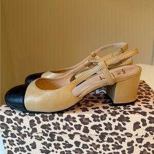 French Sole NY Chic Tan and Black Slingback Heels